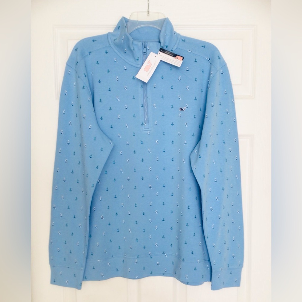 Vineyard Vines Men’s Half Zip Pullover-Printed Anchors-Whale Logo-NWT-Ocean Blue - Picture 2 of 7
